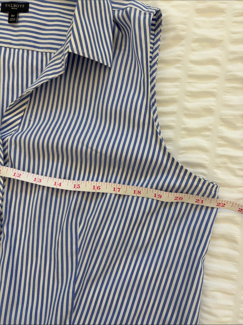 Talbots Blue/White Vertical-Striped Sleeveless Button-Down Shirt. Petite No Iron - Picture 6 of 9